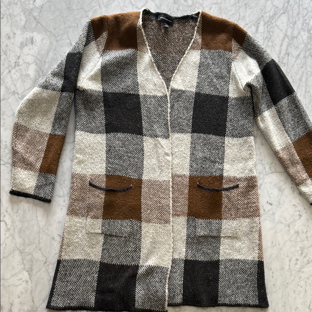 Plaid Open Front Cardigan - Brown, Black, Cream
